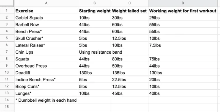 Example graph showing the weight progress of a beginner client